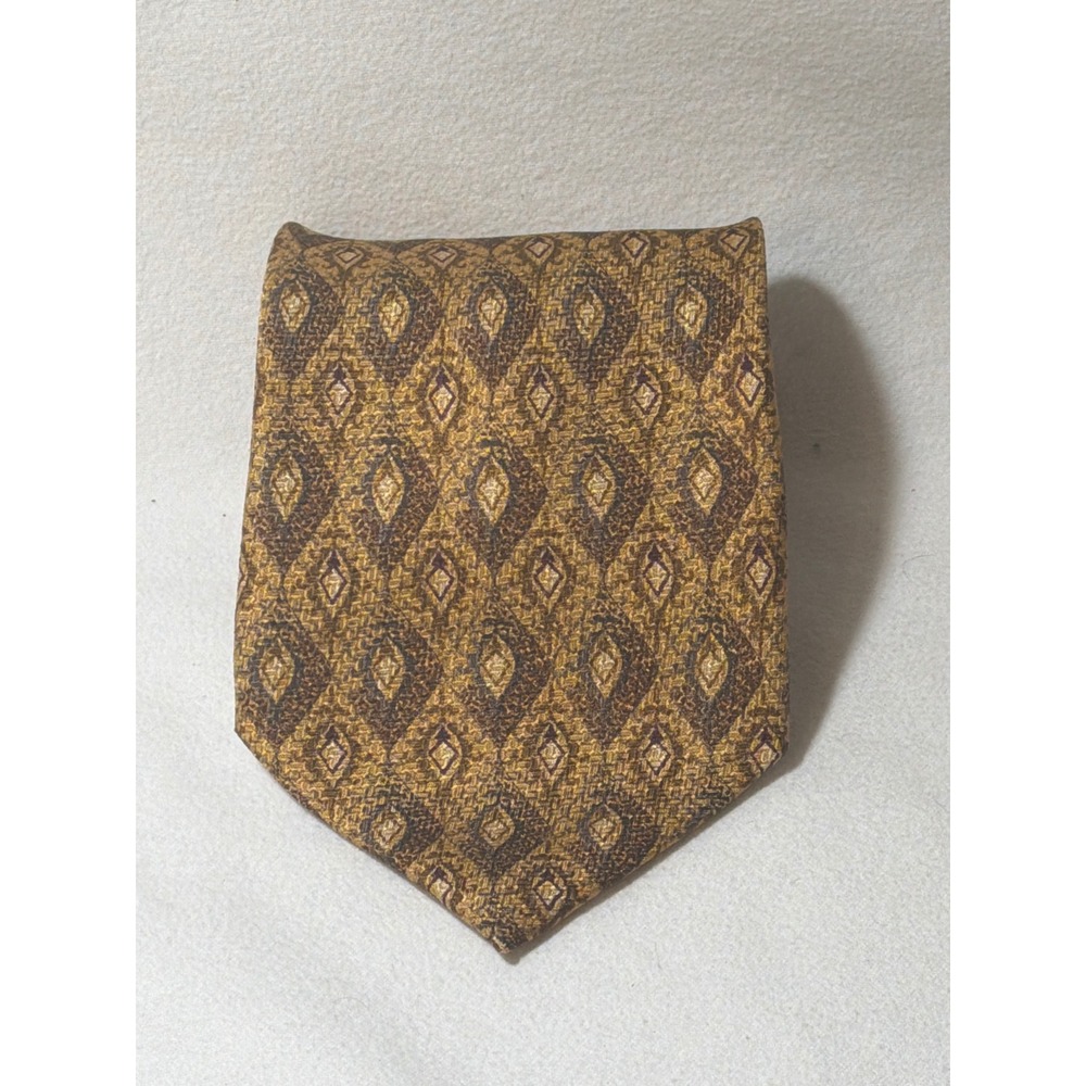 Fairfax for J Riggings Mens Silk Tie Geometric Diamond Pattern Gold Brown Italy